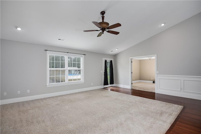103 Mar Mac Rd, Anderson, SC 29626 - spare room featuring a ceiling fan, vaulted ceiling, recessed lighting, dark carpet, and baseboards
