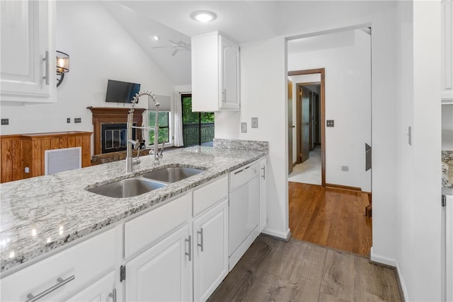 110 Safe Harbor Cir, Salem, SC 29676 - kitchen featuring a sink, dishwasher, ceiling fan, a glass covered fireplace, and wood finished floors