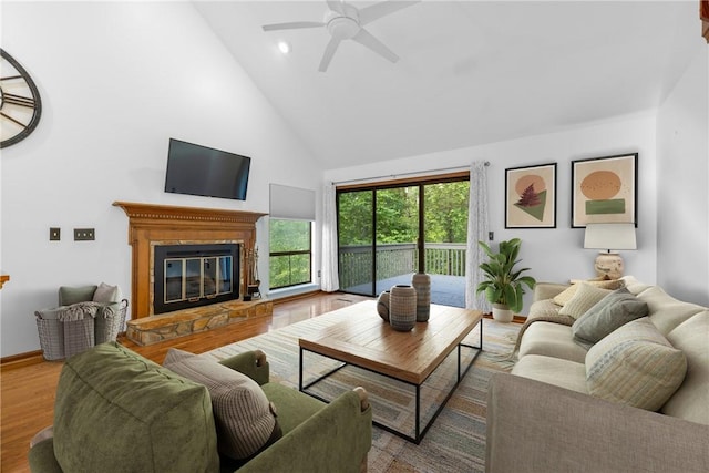 110 Safe Harbor Cir, Salem, SC 29676 - living room featuring high vaulted ceiling, ceiling fan, wood finished floors, a glass covered fireplace, and recessed lighting
