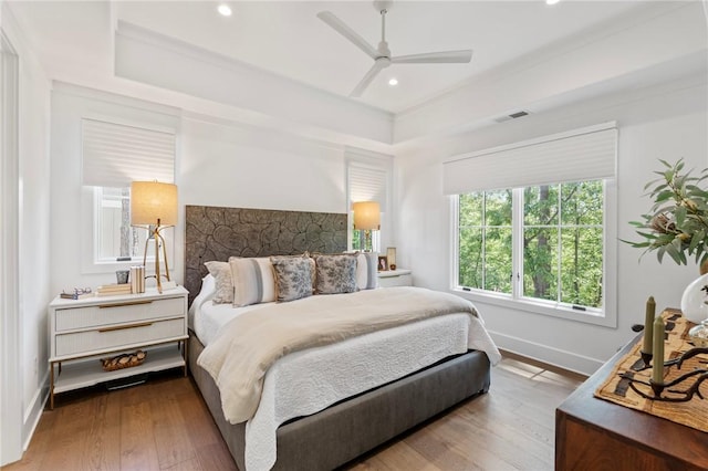113 Settlement Village Dr, Sunset, SC 29685 - bedroom with a raised ceiling, baseboards, wood finished floors, recessed lighting, and ceiling fan