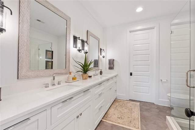 113 Settlement Village Dr, Sunset, SC 29685 - bathroom with toilet, a shower stall, double vanity, and recessed lighting