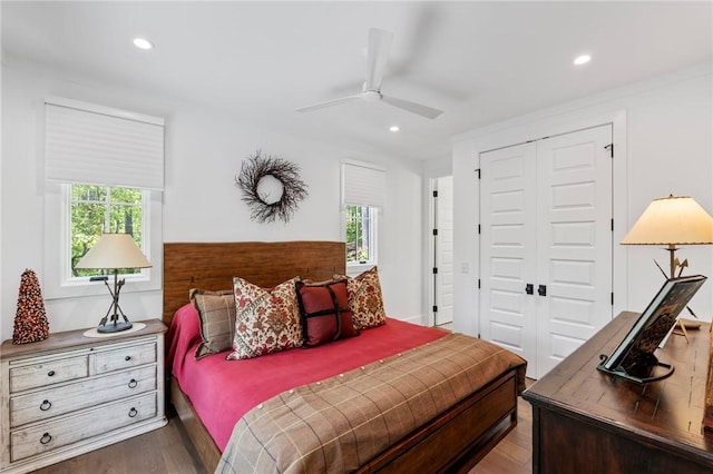 113 Settlement Village Dr, Sunset, SC 29685 - bedroom featuring multiple windows, a closet, wood finished floors, recessed lighting, and a ceiling fan