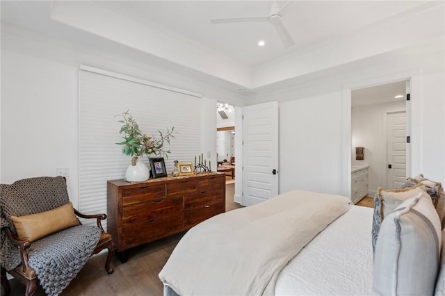 113 Settlement Village Dr, Sunset, SC 29685 - bedroom featuring dark wood-style floors, recessed lighting, connected bathroom, ceiling fan, and a tray ceiling