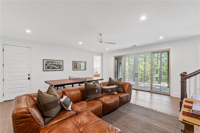 113 Settlement Village Dr, Sunset, SC 29685 - living room with wood finished floors, recessed lighting, a ceiling fan, and stairway