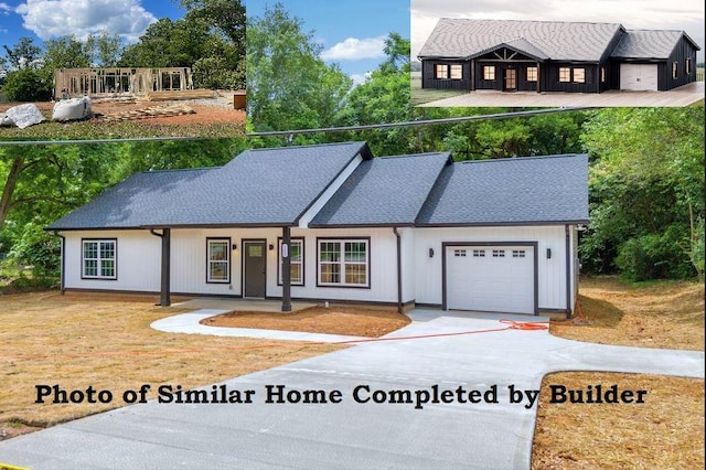 modern farmhouse style home with a garage and concrete driveway