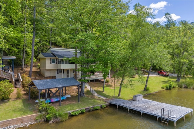 619 Crossland Creek Ct, Tamassee, SC 29686 - dock with stairway, a yard, and a deck with water view