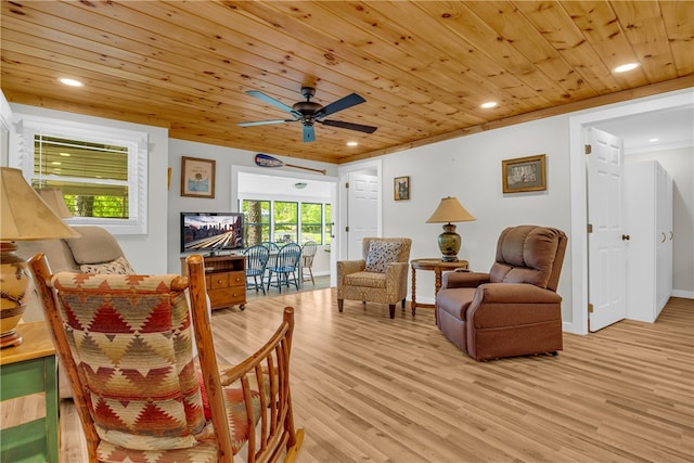 619 Crossland Creek Ct, Tamassee, SC 29686 - living area featuring light wood finished floors, wood ceiling, ceiling fan, recessed lighting, and baseboards