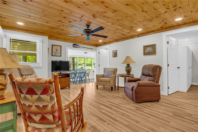 619 Crossland Creek Ct, Tamassee, SC 29686 - sitting room featuring light wood-type flooring, wooden ceiling, ceiling fan, recessed lighting, and baseboards