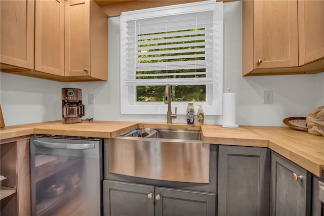 619 Crossland Creek Ct, Tamassee, SC 29686 - kitchen with butcher block counters, stainless steel dishwasher, a sink, and gray cabinetry