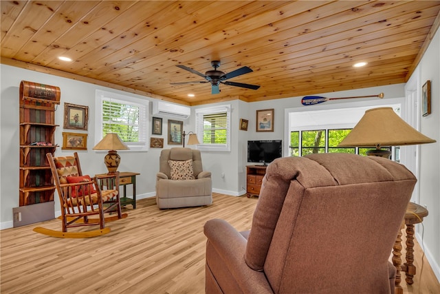 619 Crossland Creek Ct, Tamassee, SC 29686 - living area featuring light wood-style floors, wooden ceiling, an AC wall unit, recessed lighting, and plenty of natural light