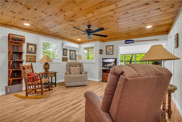 619 Crossland Creek Ct, Tamassee, SC 29686 - living area featuring light wood-type flooring, an AC wall unit, wood ceiling, recessed lighting, and baseboards