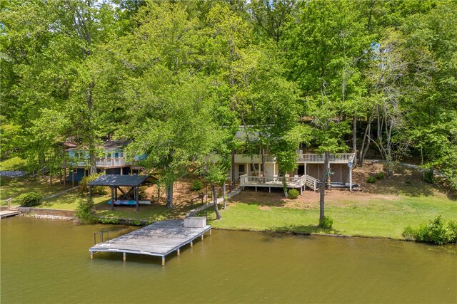619 Crossland Creek Ct, Tamassee, SC 29686 - dock area featuring a deck with water view and a lawn