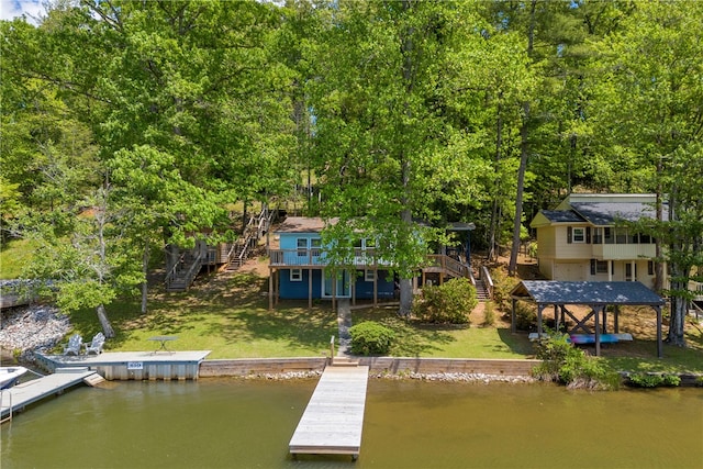 621 Crossland Creek Ct, Tamassee, SC 29686 - dock featuring stairs, a deck with water view, and a yard