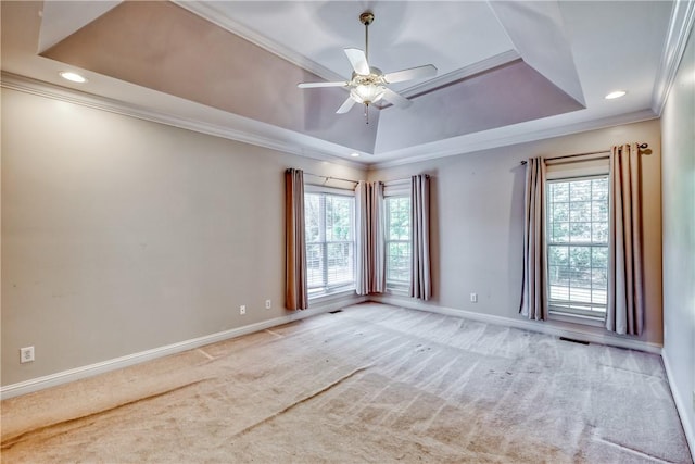 unfurnished room with a tray ceiling, crown molding, baseboards, light carpet, and plenty of natural light