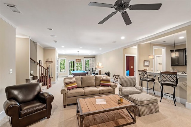 109 Laurel Pond Way, Sunset, SC 29685 - living area with light carpet, pool table, ornamental molding, baseboards, and recessed lighting