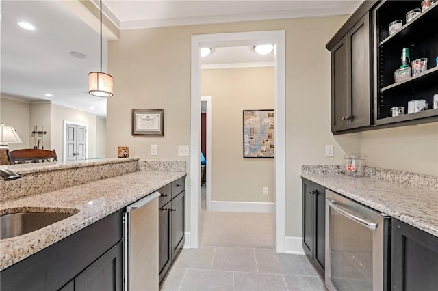 109 Laurel Pond Way, Sunset, SC 29685 - kitchen with wine cooler, crown molding, open shelves, light stone countertops, and recessed lighting