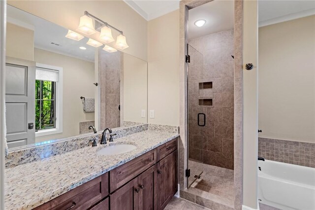 109 Laurel Pond Way, Sunset, SC 29685 - bathroom featuring a stall shower, vanity, a tub, and tile patterned floors