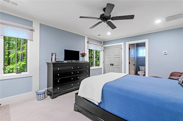 109 Laurel Pond Way, Sunset, SC 29685 - carpeted bedroom with recessed lighting, a ceiling fan, connected bathroom, and baseboards