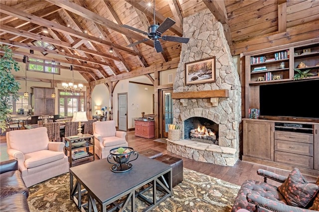 109 Laurel Pond Way, Sunset, SC 29685 - living area with wood ceiling, high vaulted ceiling, hardwood / wood-style floors, beam ceiling, and a fireplace