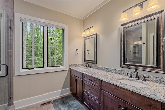 109 Laurel Pond Way, Sunset, SC 29685 - full bathroom with baseboards, a shower stall, double vanity, and tile patterned floors