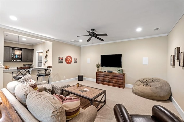 109 Laurel Pond Way, Sunset, SC 29685 - living area featuring recessed lighting, baseboards, a ceiling fan, carpet, and ornamental molding