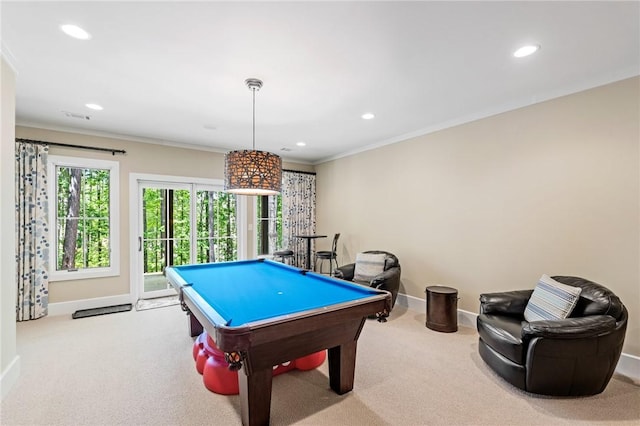 109 Laurel Pond Way, Sunset, SC 29685 - recreation room featuring pool table, baseboards, carpet, recessed lighting, and crown molding