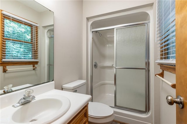 full bath featuring a shower stall, toilet, and vanity