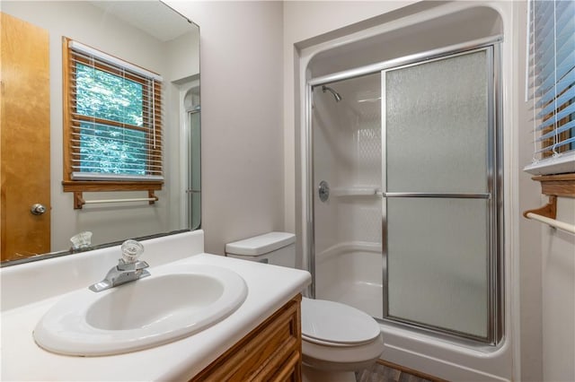 full bathroom with toilet, a shower stall, and vanity