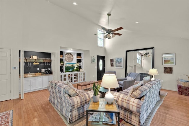 451 Cedar Creek Rd, Sunset, SC 29685 - living room featuring ceiling fan, light wood-style floors, high vaulted ceiling, and recessed lighting