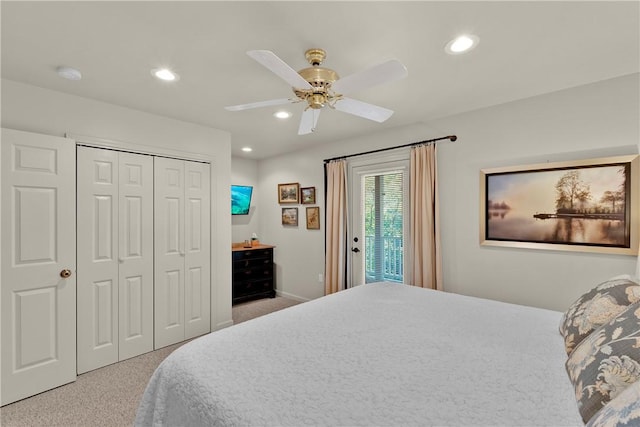 451 Cedar Creek Rd, Sunset, SC 29685 - carpeted bedroom with recessed lighting, ceiling fan, a closet, and access to exterior