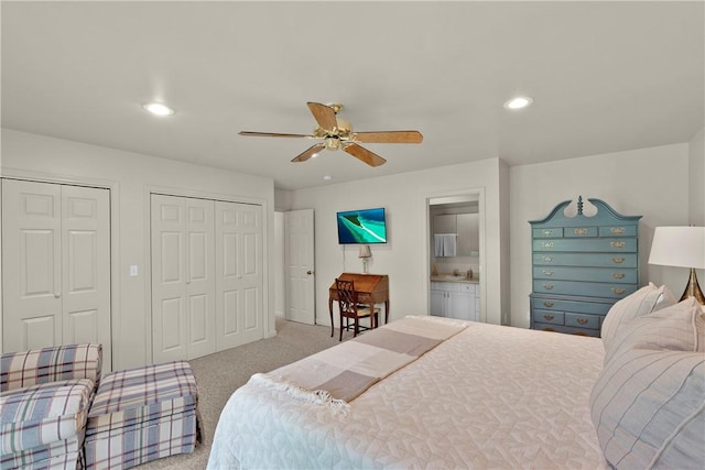 451 Cedar Creek Rd, Sunset, SC 29685 - bedroom with multiple closets, light colored carpet, recessed lighting, a ceiling fan, and connected bathroom
