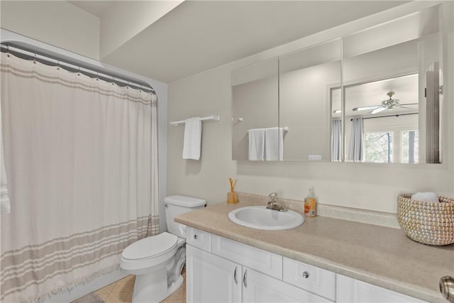 451 Cedar Creek Rd, Sunset, SC 29685 - full bath featuring vanity, toilet, ceiling fan, and a shower with shower curtain