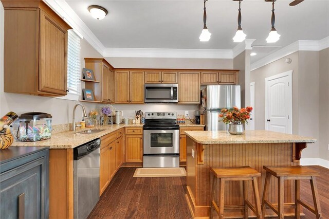 kitchen with stainless steel appliances, a sink, dark wood finished floors, ornamental molding, and open shelves