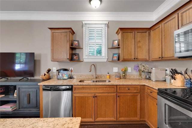 kitchen with open shelves, appliances with stainless steel finishes, a sink, crown molding, and light stone countertops