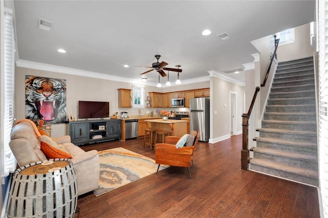 101 W Ln Unit 1209, Clemson, SC 29631 - living area with crown molding, a ceiling fan, stairs, recessed lighting, and dark wood-style floors