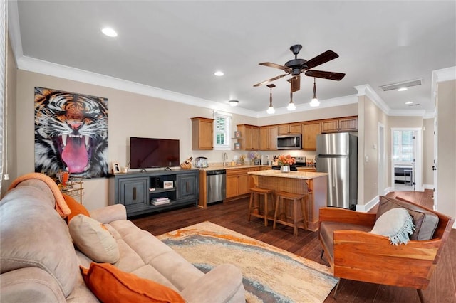101 W Ln Unit 1209, Clemson, SC 29631 - living room featuring ornamental molding, dark wood-style flooring, ceiling fan, recessed lighting, and baseboards