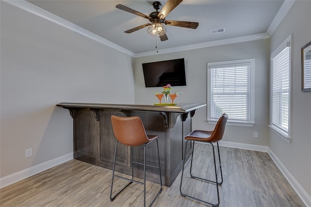 709 Whitemarsh Ave, Simpsonville, SC 29680 - indoor dry bar featuring ceiling fan, light wood-style floors, baseboards, and ornamental molding