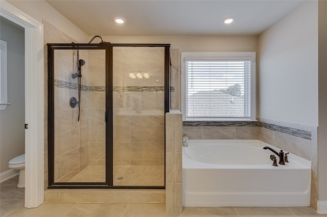 709 Whitemarsh Ave, Simpsonville, SC 29680 - full bath with a bath, a stall shower, toilet, tile patterned floors, and recessed lighting