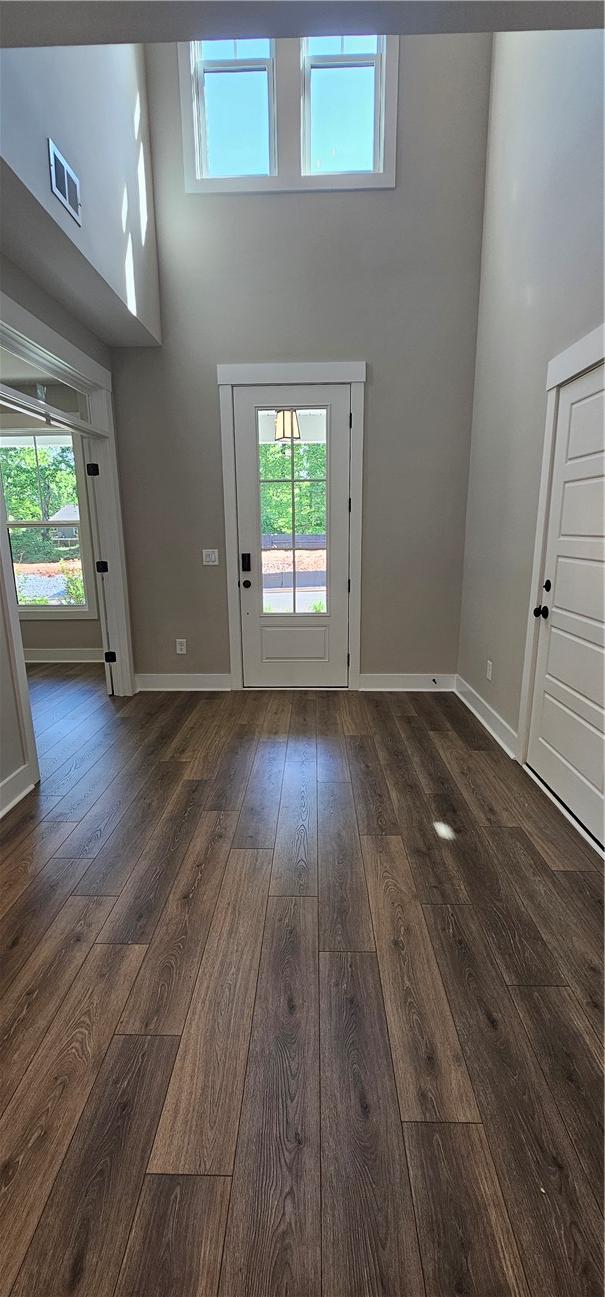doorway to outside with dark wood finished floors, baseboards, a towering ceiling, and plenty of natural light