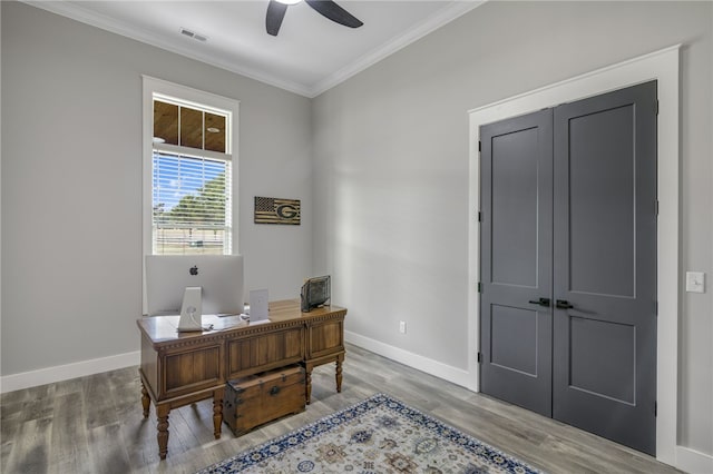 130 Paulan Rd, Williamston, SC 29697 - office space with ornamental molding, a ceiling fan, wood finished floors, and baseboards