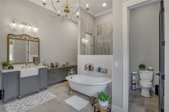 130 Paulan Rd, Williamston, SC 29697 - bathroom featuring crown molding, walk in shower, vanity, toilet, and a freestanding bath