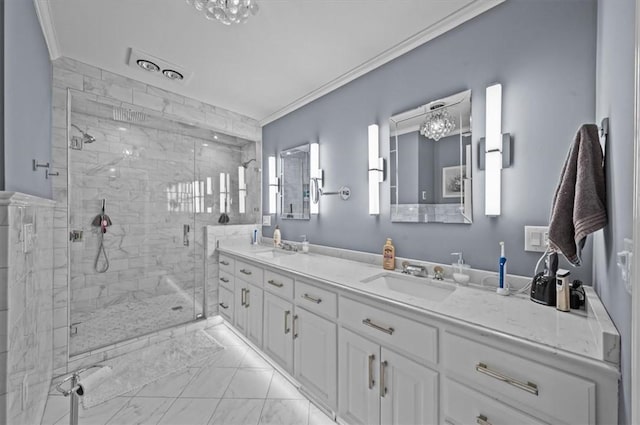 224 Sheffield Rd, Greer, SC 29651 - full bathroom with marble look tile flooring, a shower stall, ornamental molding, and double vanity