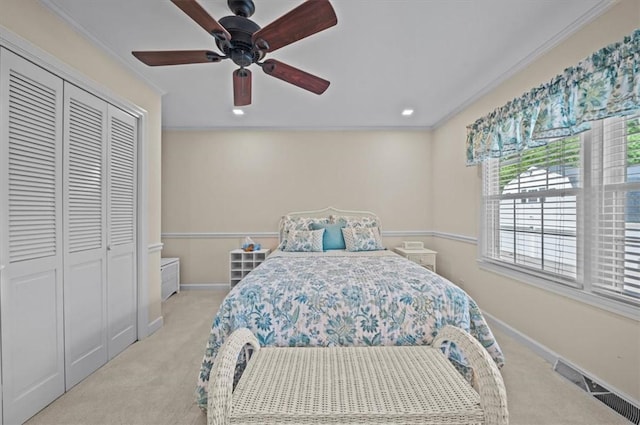 224 Sheffield Rd, Greer, SC 29651 - bedroom featuring light carpet, a closet, baseboards, ornamental molding, and recessed lighting