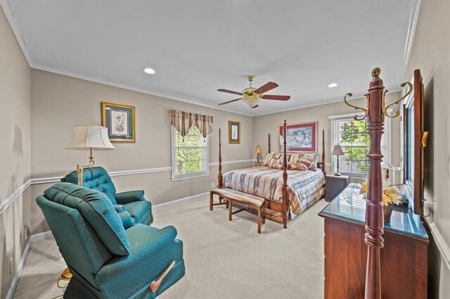 224 Sheffield Rd, Greer, SC 29651 - carpeted bedroom with crown molding, baseboards, recessed lighting, and ceiling fan