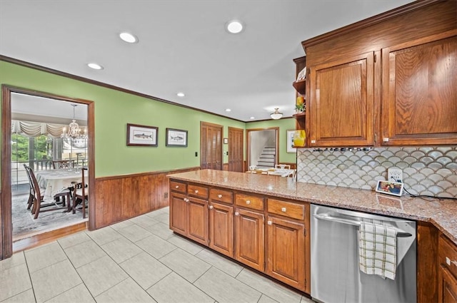 224 Sheffield Rd, Greer, SC 29651 - kitchen featuring dishwasher, wainscoting, a chandelier, brown cabinets, and recessed lighting