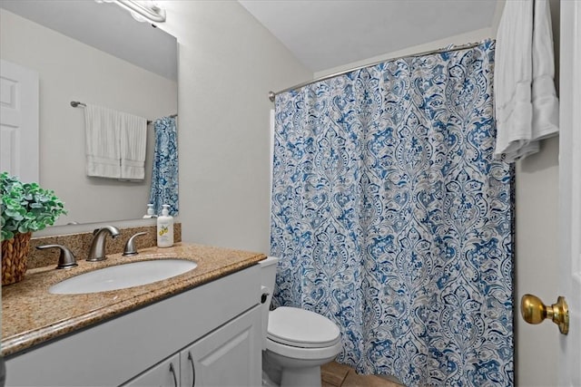 105 Tripmont Ct, Simpsonville, SC 29680 - bathroom with toilet, vanity, tile patterned floors, and a shower with shower curtain