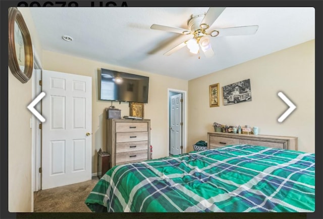 bedroom featuring carpet flooring and a ceiling fan