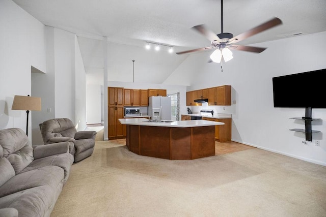 111 Coachman Ct, Anderson, SC 29625 - kitchen with open floor plan, white fridge with ice dispenser, rail lighting, high vaulted ceiling, and light countertops