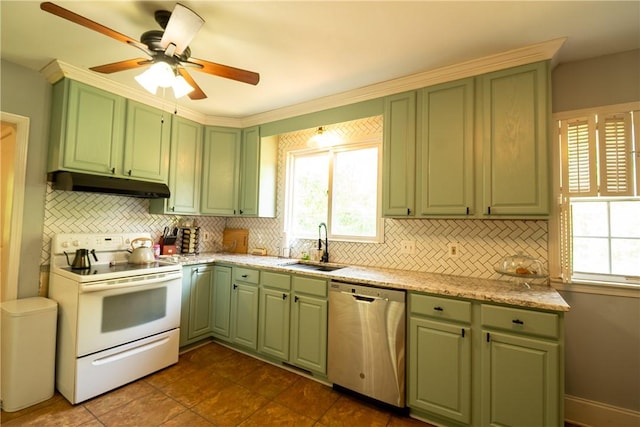 kitchen featuring stainless steel dishwasher, under cabinet range hood, white range with electric stovetop, green cabinets, and a sink