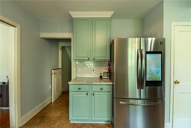 100 Berkeley Ct, Clemson, SC 29631 - kitchen with smart refrigerator, green cabinets, dark tile patterned flooring, and decorative backsplash